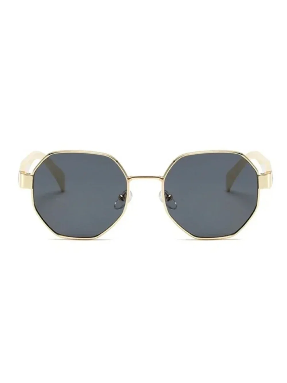 Unisex Octagon Gold Frame Sunglasses With Grey/Black Lenses & Ivory White Arms